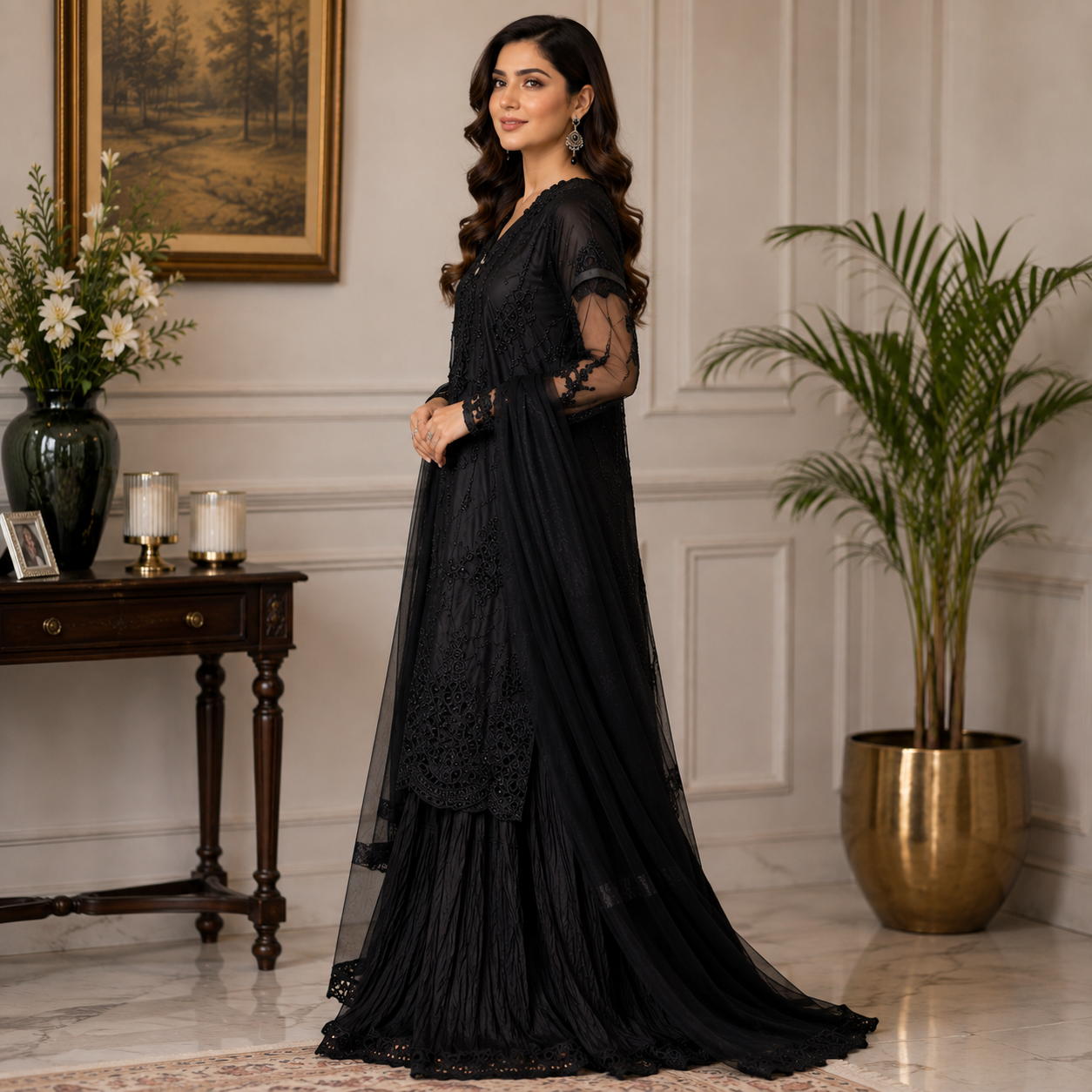 Midnight Black Embroidered Net 3 Pc with Crush Gharara