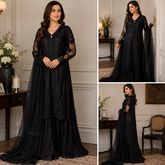 Midnight Black Embroidered Net 3 Pc with Crush Gharara