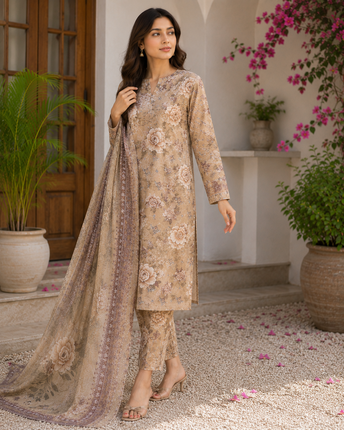 Beige Floral 3-Piece Lawn Suit (unstitched) (V)