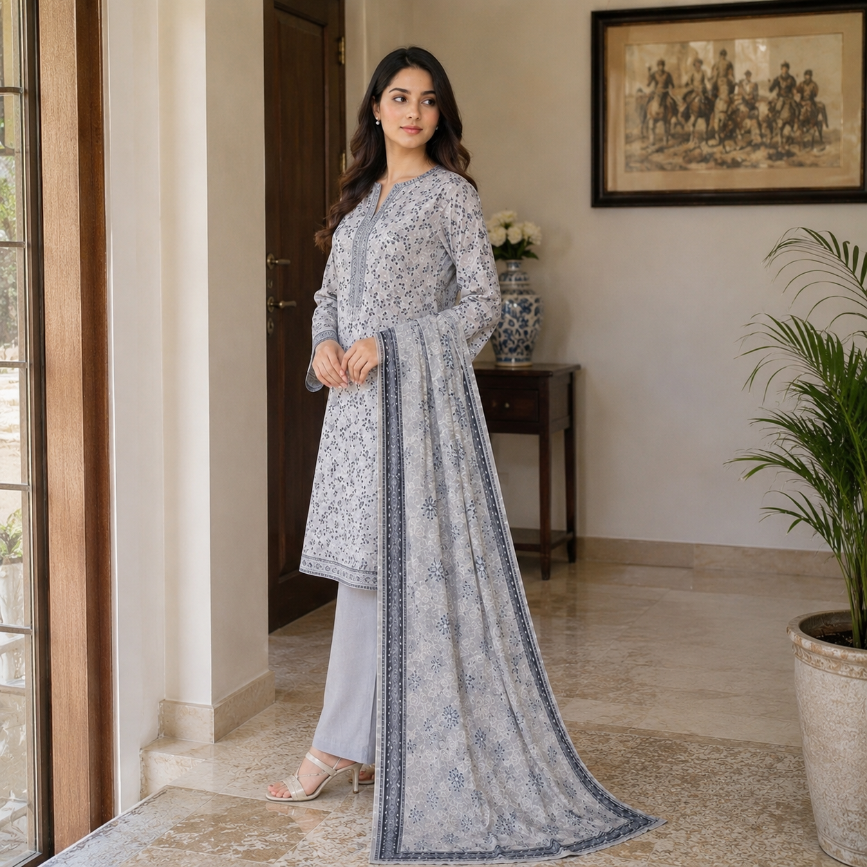Grey Floral Printed Lawn 3pc