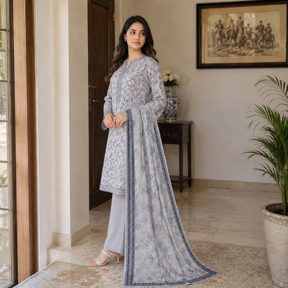 Grey Floral Printed Lawn 3pc