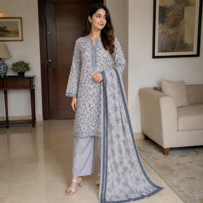 Grey Floral Printed Lawn 3pc