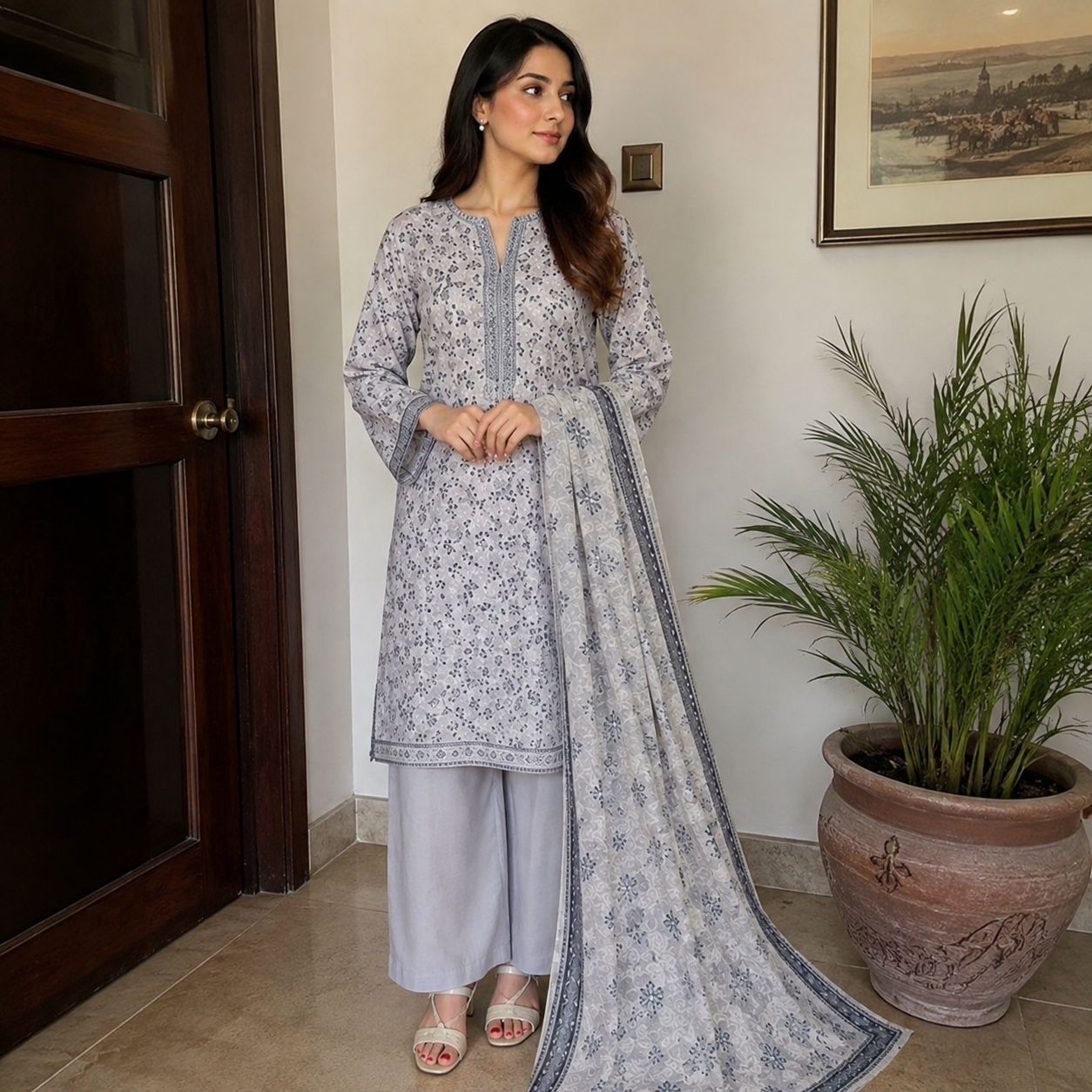 Grey Floral Printed Lawn 3pc