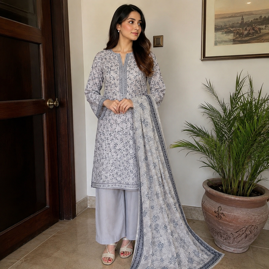 Grey Floral Printed Lawn 3pc