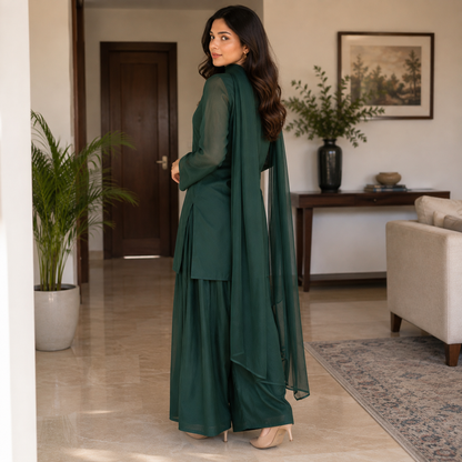 Elegant Forest Green Stitched 3 Pc