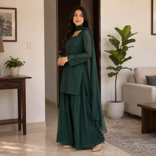 Elegant Forest Green Stitched 3 Pc