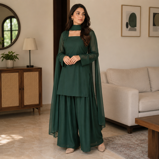 Elegant Forest Green Stitched 3 Pc