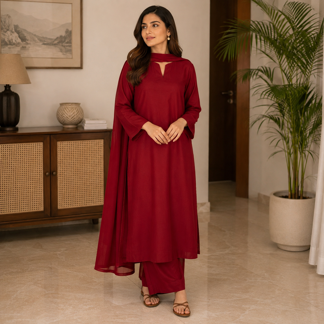 Red 3 Piece Stitched Suit with Chiffon Dupatta