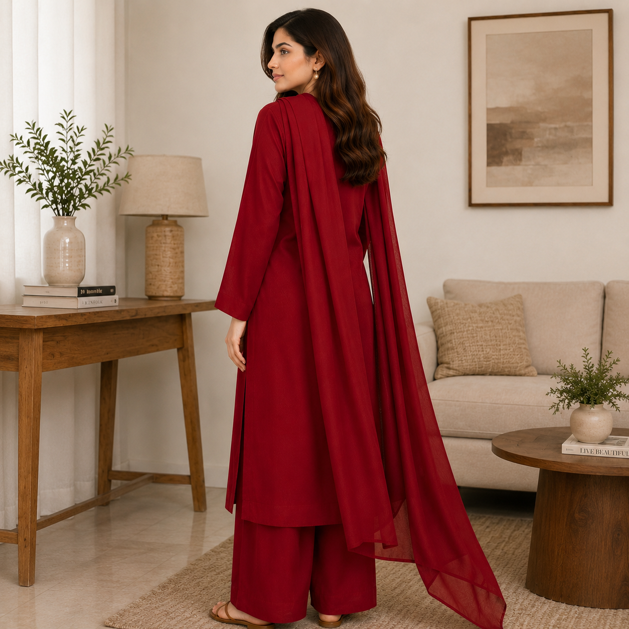 Red 3 Piece Stitched Suit with Chiffon Dupatta