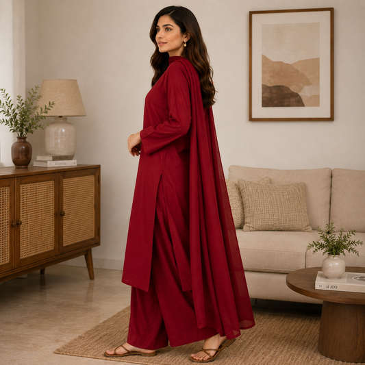 Red 3 Piece Stitched Suit with Chiffon Dupatta