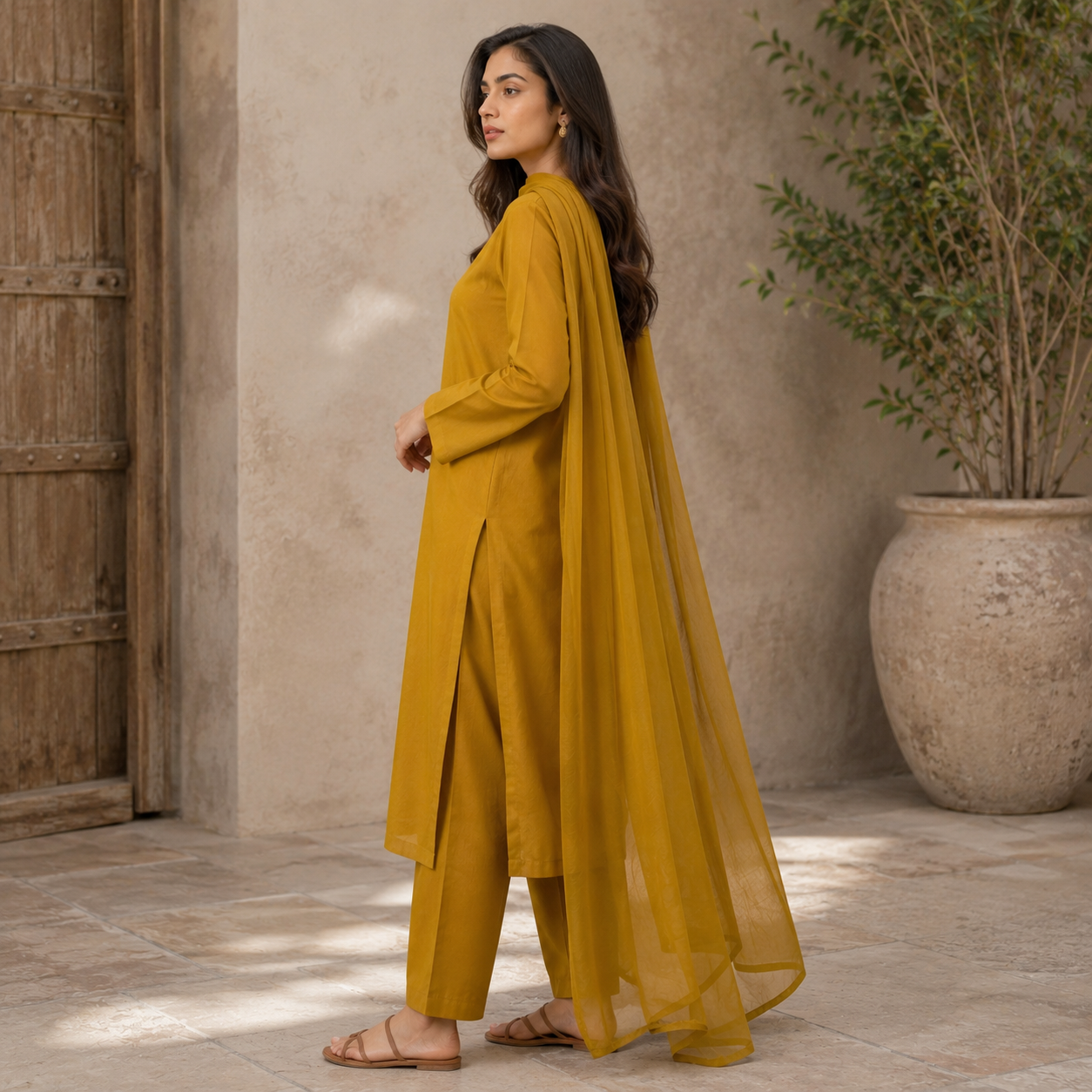 Mustard Yellow Premium Lawn 3 Piece Suit with Chiffon Dupatta