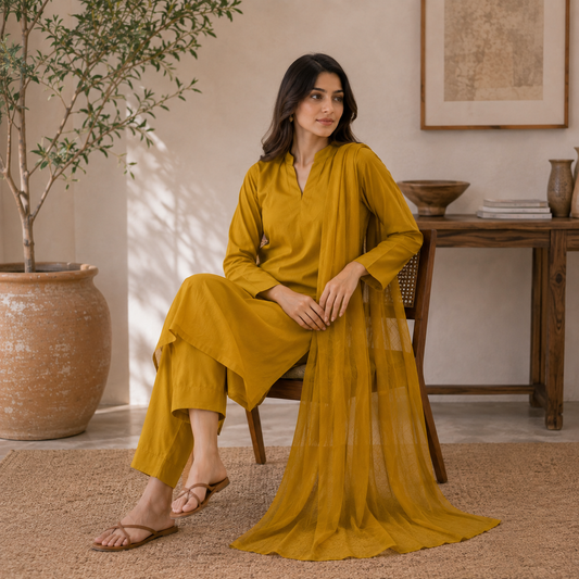 Mustard Yellow Premium Lawn 3 Piece Suit with Chiffon Dupatta