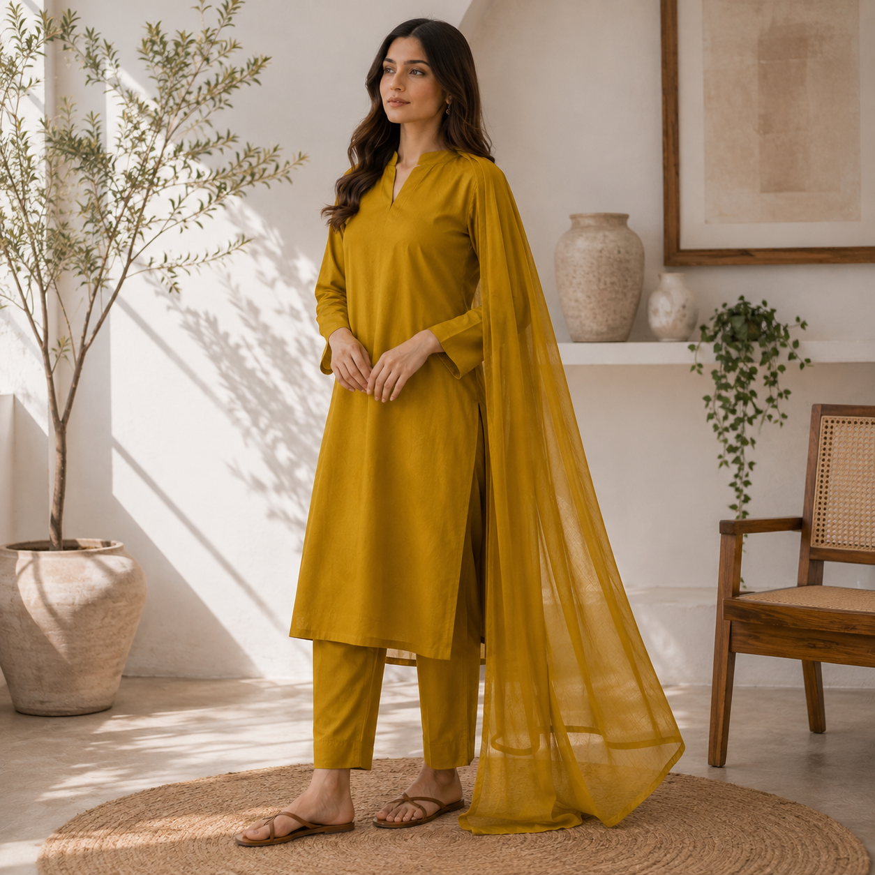 Mustard Yellow Premium Lawn 3 Piece Suit with Chiffon Dupatta