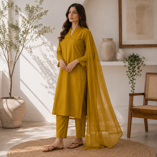 Mustard Yellow Premium Lawn 3 Piece Suit with Chiffon Dupatta