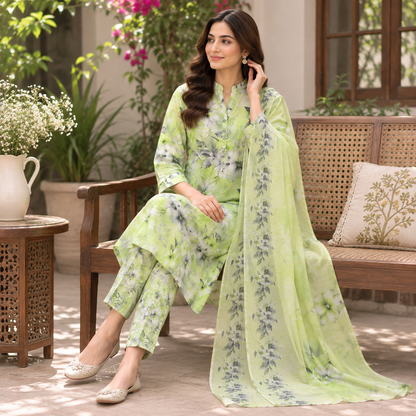 Lime Floral Premium Lawn 3 Pc (Unstitched)