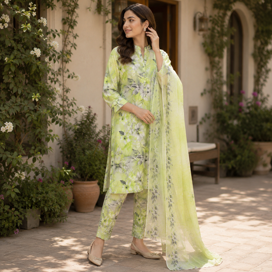Lime Floral Premium Lawn 3 Pc (Unstitched)