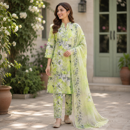 Lime Floral Premium Lawn 3 Pc (Unstitched)