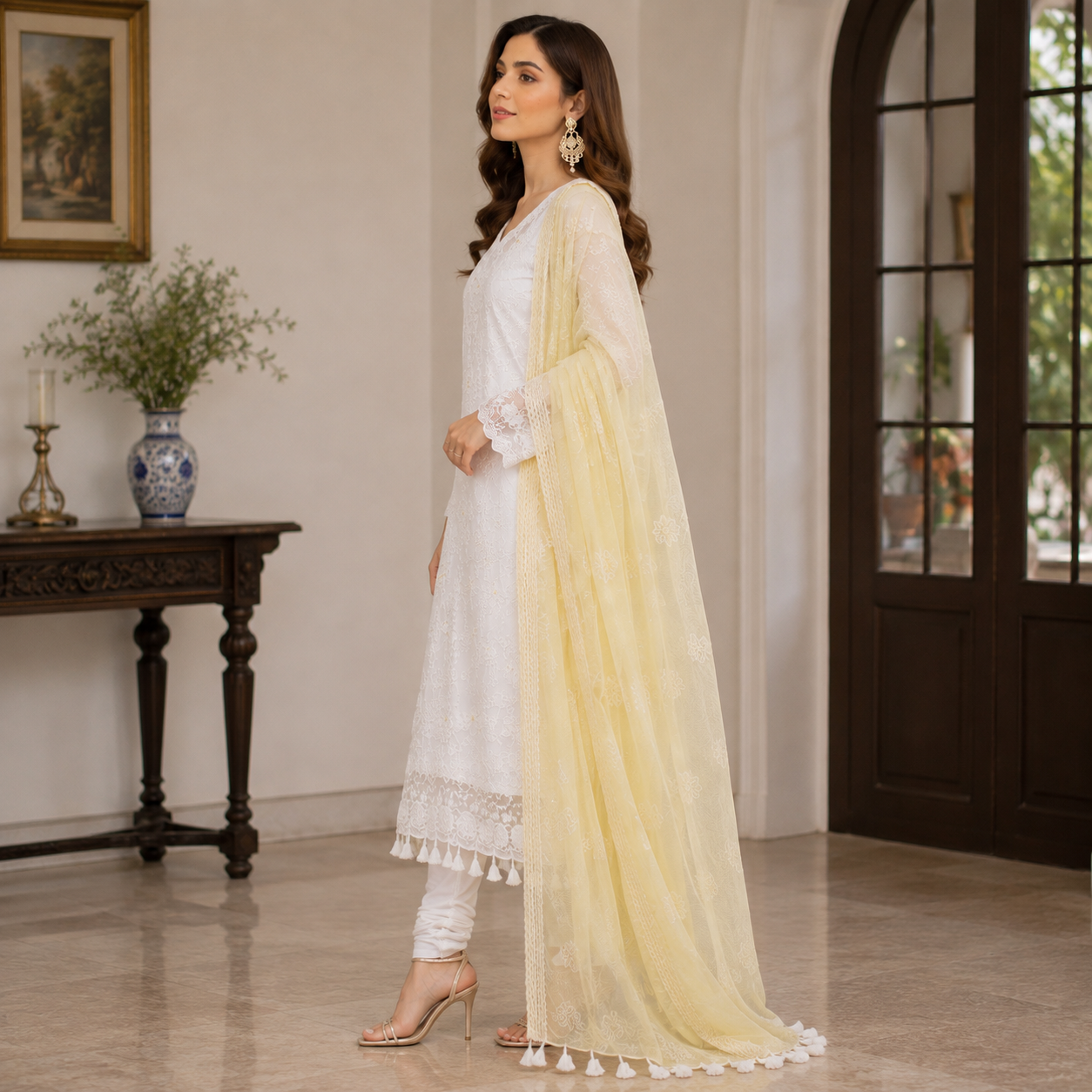 Ivory Elegance 3 Piece Organza Suit with Chiffon Dupatta
