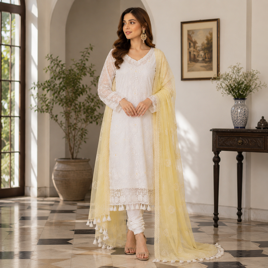 Ivory Elegance 3 Piece Organza Suit with Chiffon Dupatta