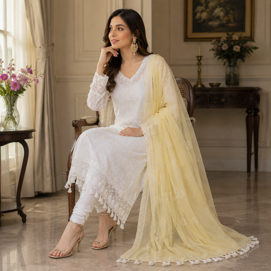 Ivory Elegance 3 Piece Organza Suit with Chiffon Dupatta