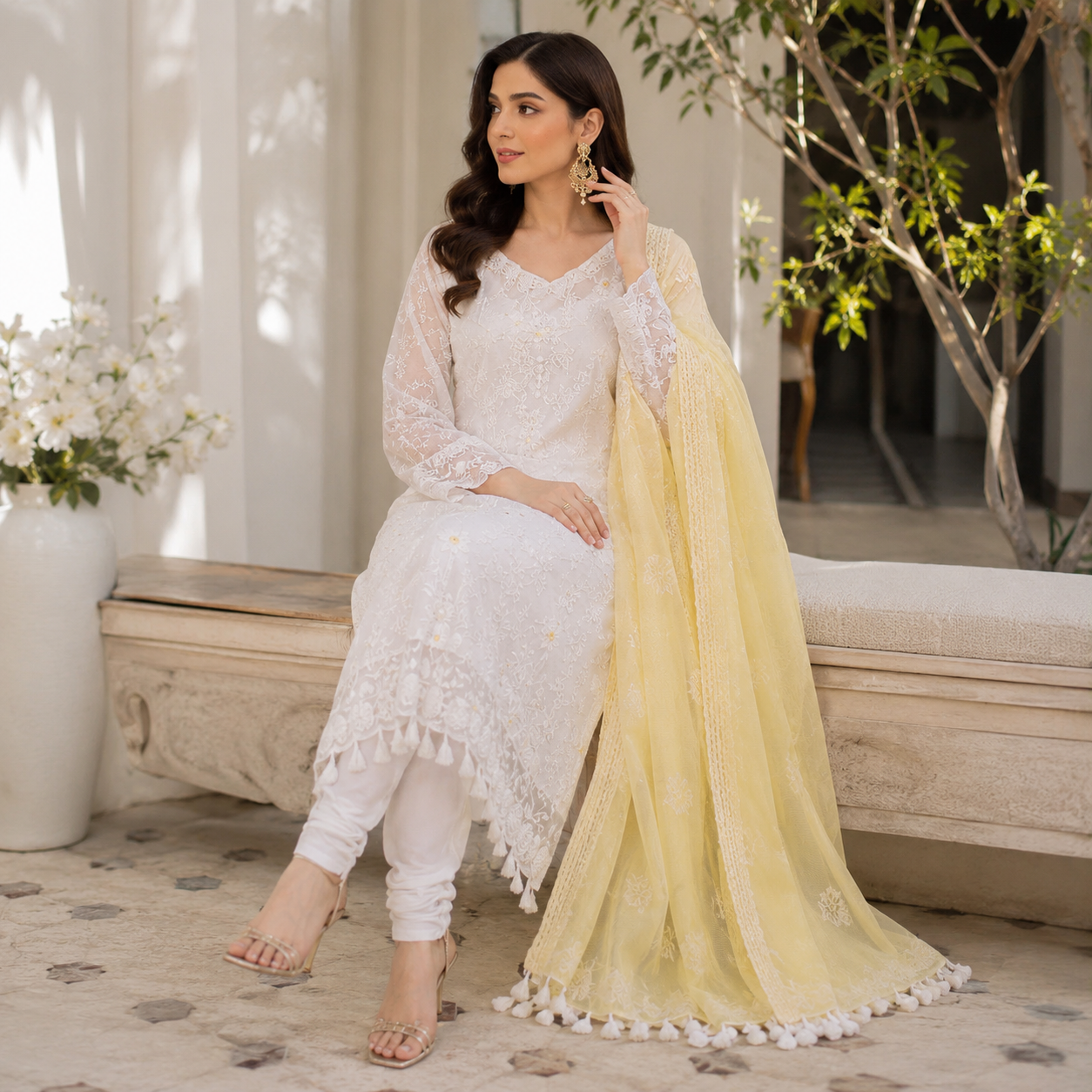 Ivory Elegance 3 Piece Organza Suit with Chiffon Dupatta