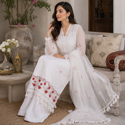 Ivory Rose 3 Piece Organza Suit with Chiffon Dupatta