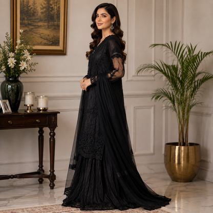 Midnight Black Embroidered Net 3 Pc with Crush Gharara