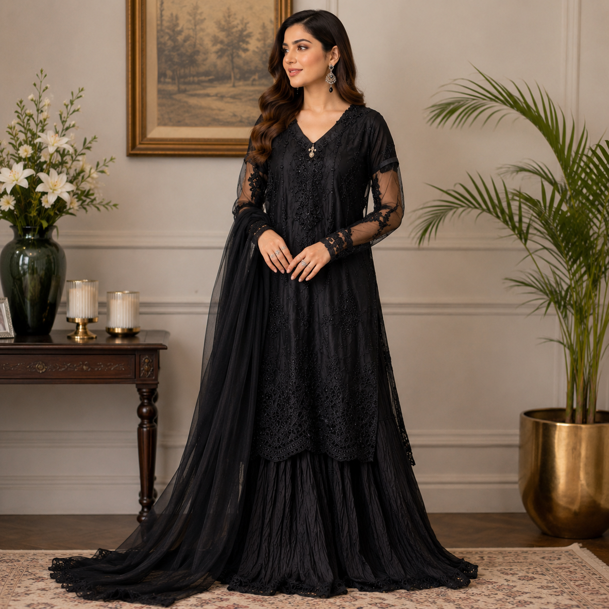 Midnight Black Embroidered Net 3 Pc with Crush Gharara