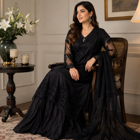 Midnight Black Embroidered Net 3 Pc with Crush Gharara