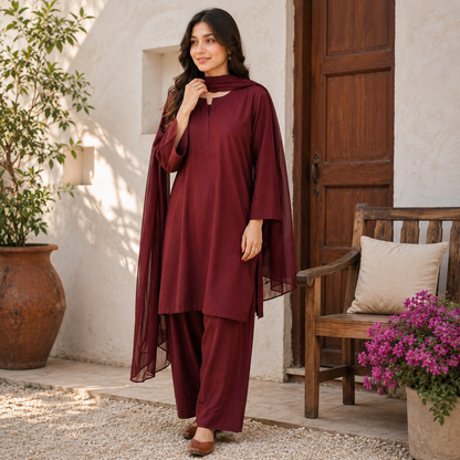 Maroon Stitched 3 Piece