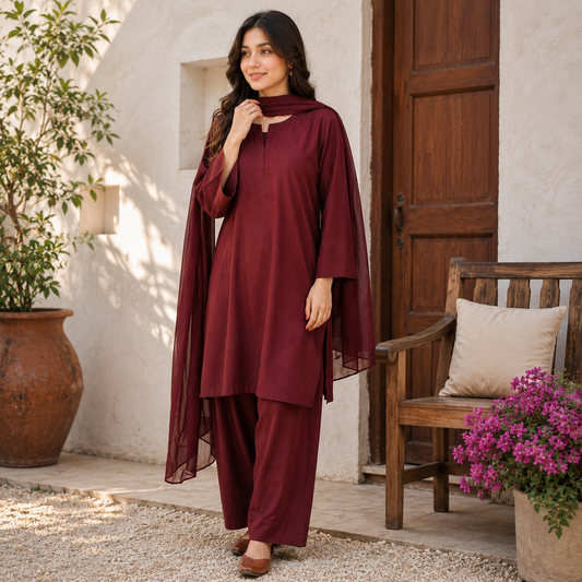 Maroon Stitched 3 Piece