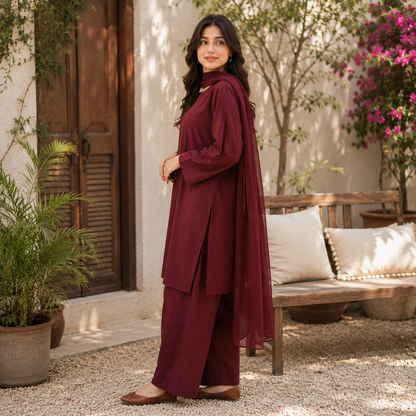 Maroon Stitched 3 Piece