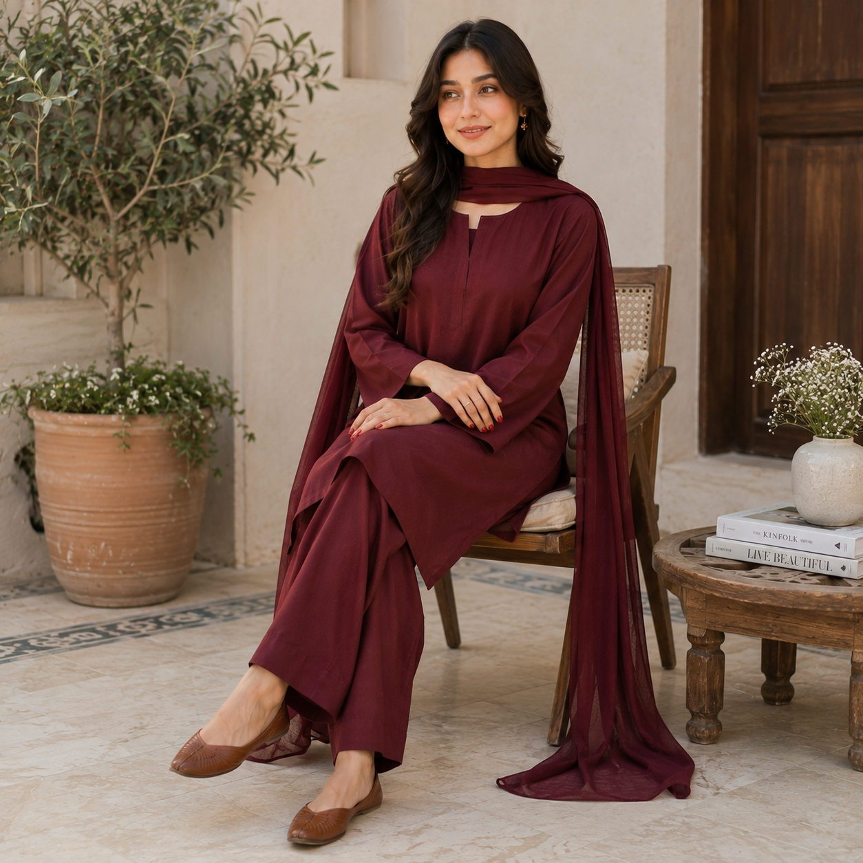 Maroon Stitched 3 Piece
