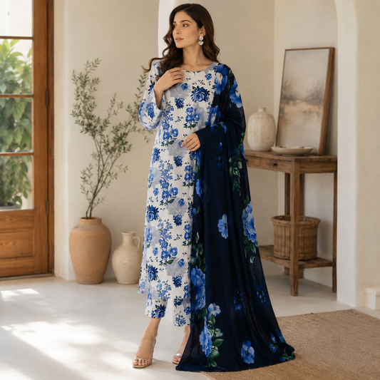 Blue Floral Premium Lawn 3pc (Unstitched)