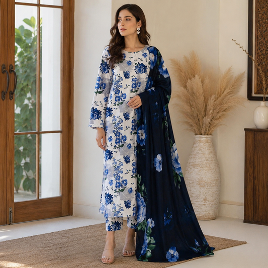 Blue Floral Premium Lawn 3pc (Unstitched)