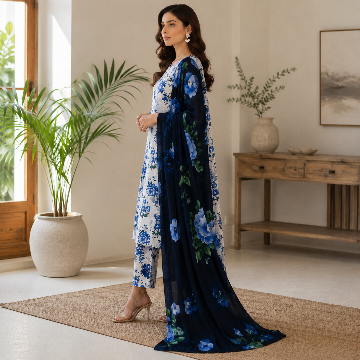 Blue Floral Premium Lawn 3pc (Unstitched)