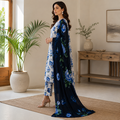 Blue Floral Premium Lawn 3pc (Unstitched)