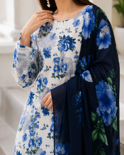 Blue Floral Premium Lawn 3pc (Unstitched)