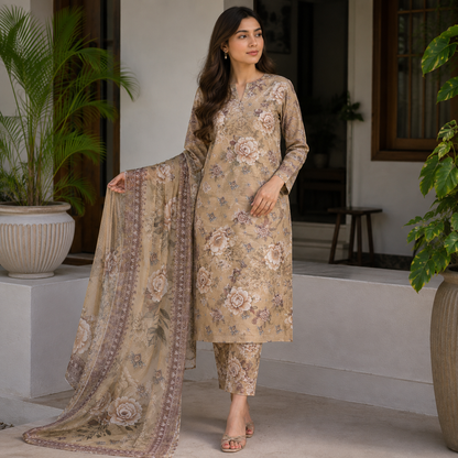 Beige Floral 3-Piece Lawn Suit (unstitched) (V)