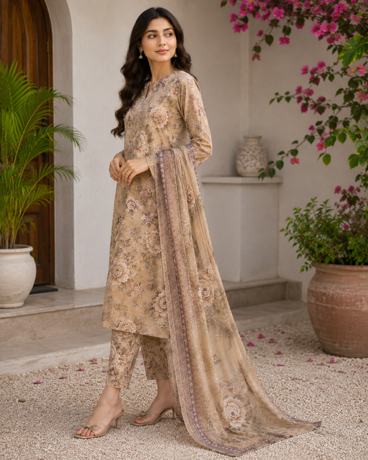 Beige Floral 3-Piece Lawn Suit (unstitched) (V)