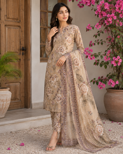 Beige Floral 3-Piece Lawn Suit (unstitched) (V)