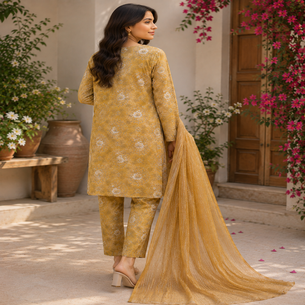 Mustard Floral 3-Piece Lawn Suit (unsritched) (V)