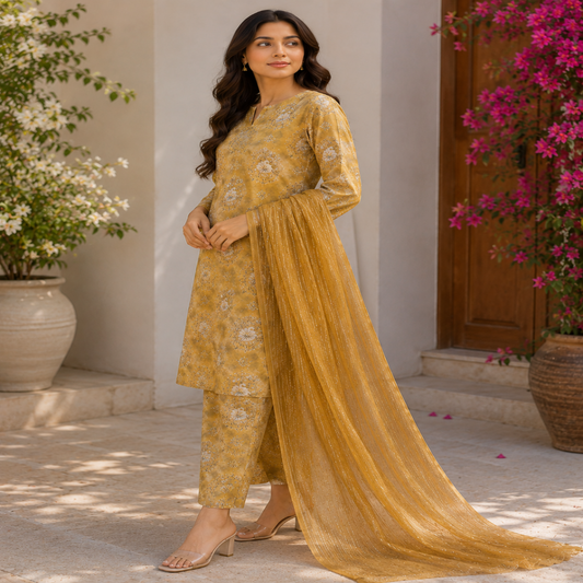 Mustard Floral 3-Piece Lawn Suit (unsritched) (V)