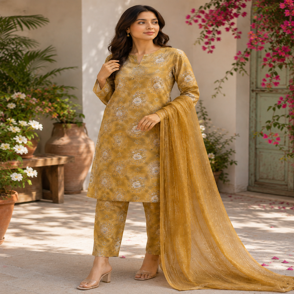 Mustard Floral 3-Piece Lawn Suit (unsritched) (V)
