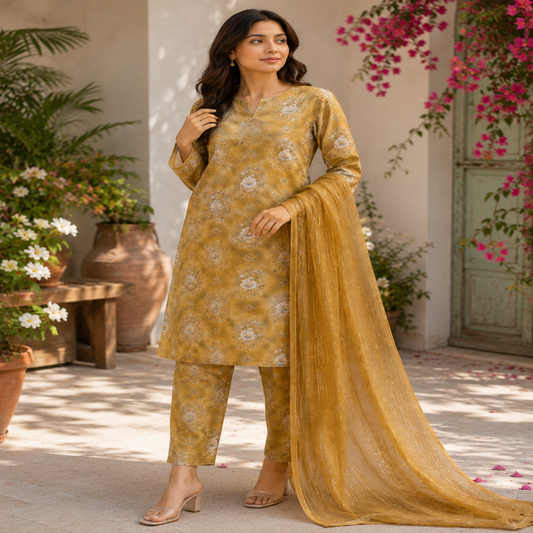 Mustard Floral 3-Piece Lawn Suit (unsritched) (V)
