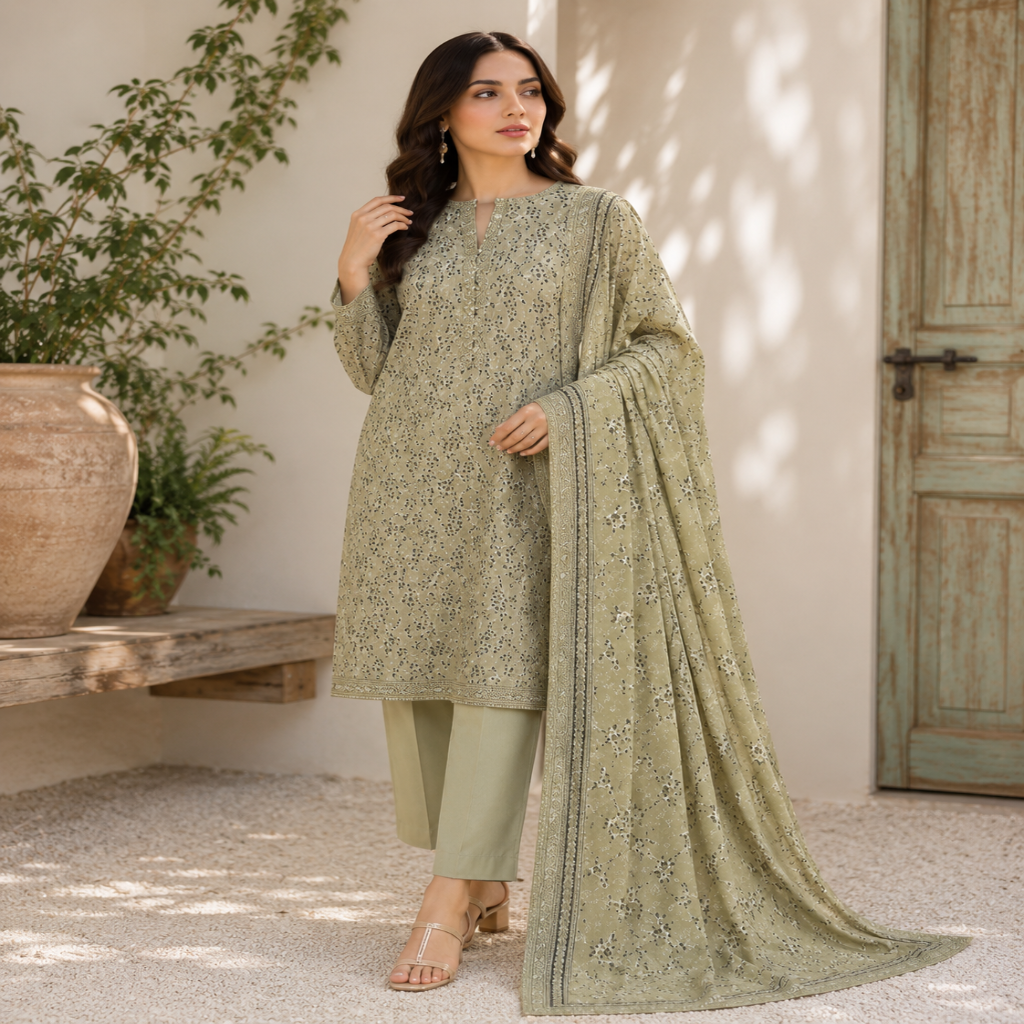 Sage Green Floral 3-Piece Lawn Suit (unstitched) (V)