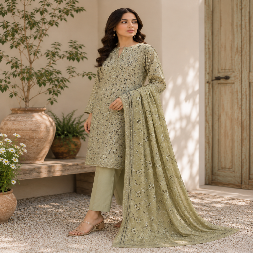 Sage Green Floral 3-Piece Lawn Suit (unstitched) (V)