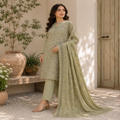 Sage Green Floral 3-Piece Lawn Suit (unstitched) (V)
