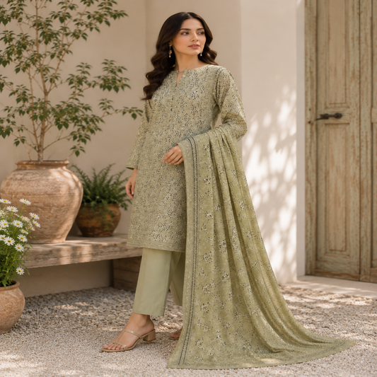 Sage Green Floral 3-Piece Lawn Suit (unstitched) (V)