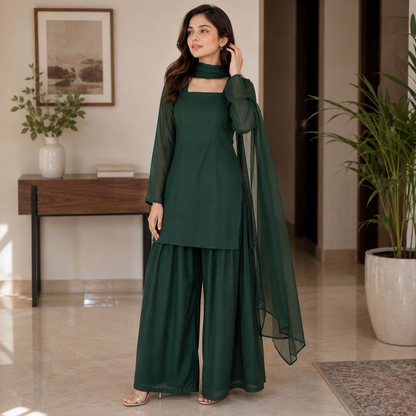Elegant Forest Green Stitched 3 Pc